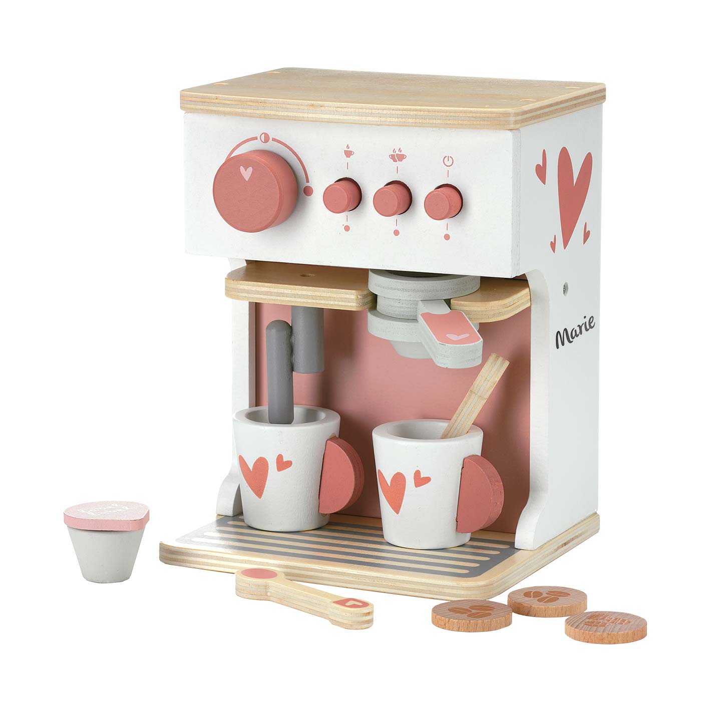 Kaffeemaschine aus Holz rosa
